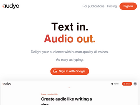 Audyo - Transform text into lifelike speech, featuring celebrity impersonation, multilingual support, and user-friendly editing