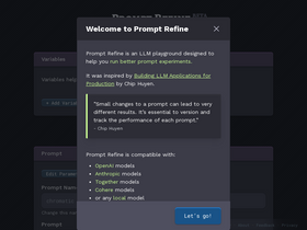 Prompt Refine - Prompt Refine is an LLM playground designed to help you run better prompt experiments.