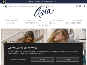 Aria Sleepwear website screenshot