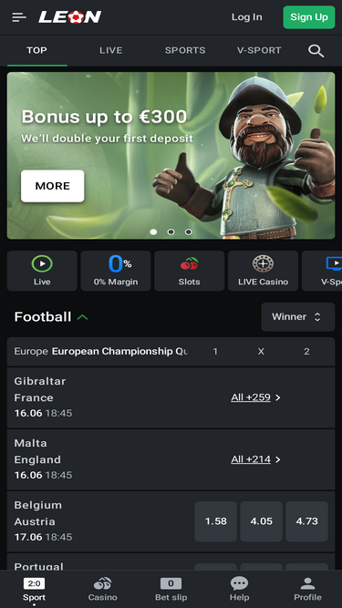 Interface de Leonbet sports
