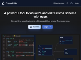 Prisma Editor - Revolutionize Prisma schema management with visualization, editing, and OpenAI integration.