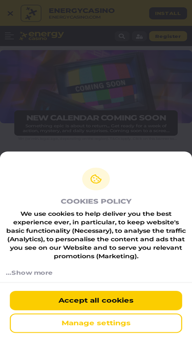 Strona główna Energy Casino z widokiem gier i bonusów